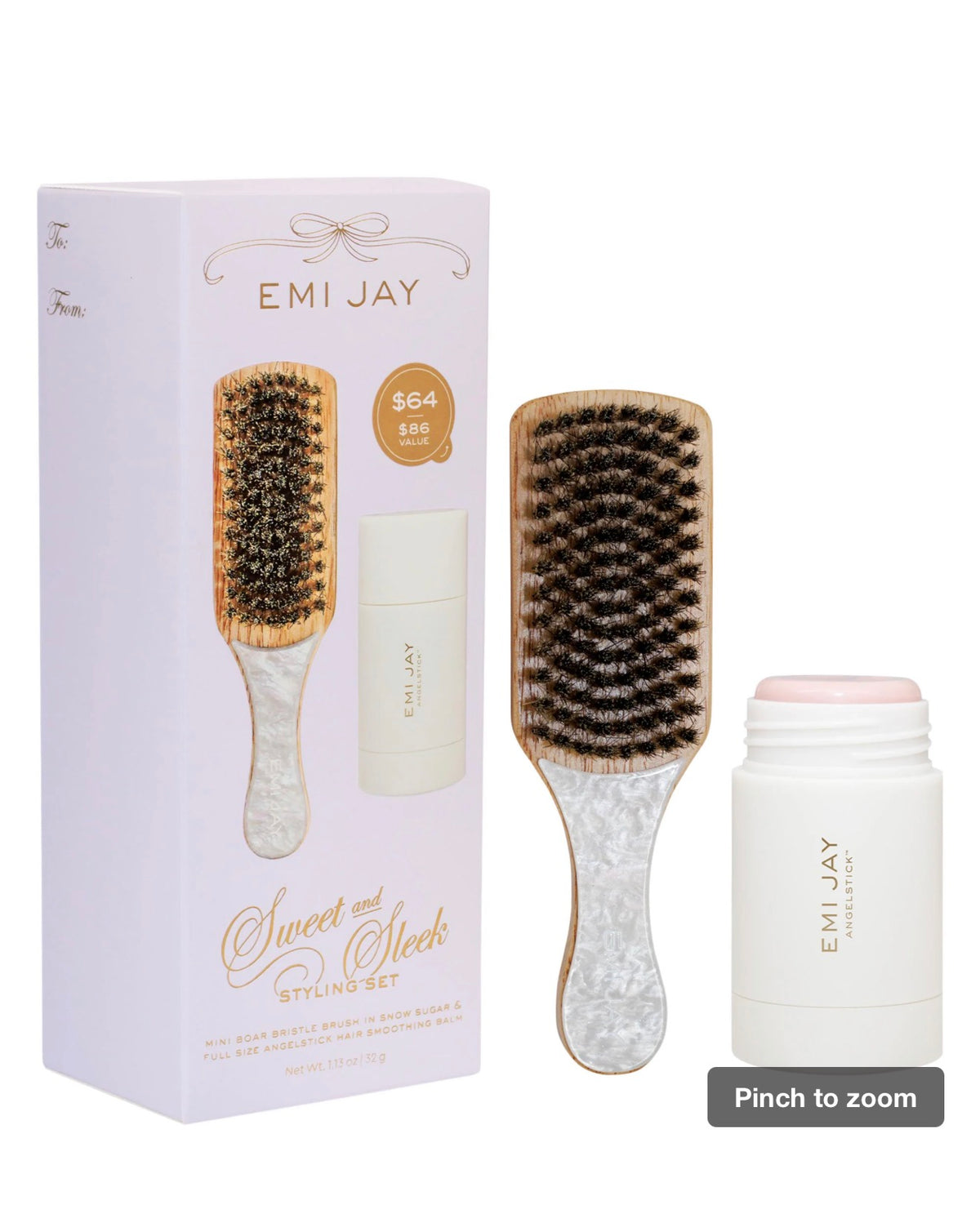 Emi Jay Sweet and Sleek Styling Set with Angelstick and Mini Boar Bristle Brush in Snow Sugar