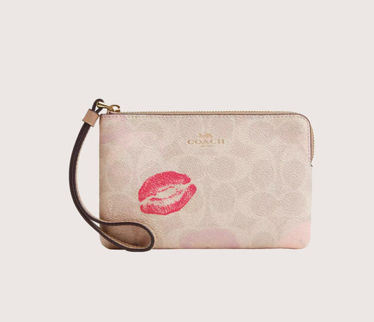 Corner Zip Wristlet With Lips Print